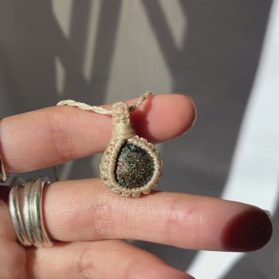 Video of the handmade Turquoise Macrame necklace, highlighting the deep blue details of the gemstone and the lightweight, minimalist macrame design.
