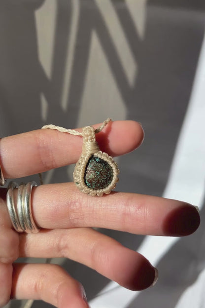 Video of the handmade Turquoise Macrame necklace, highlighting the deep blue details of the gemstone and the lightweight, minimalist macrame design.