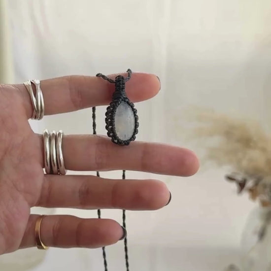 Video of the handmade Moonstone Macrame necklace, highlighting the vibrant tones of the gemstone and the lightweight, minimalist macrame design.