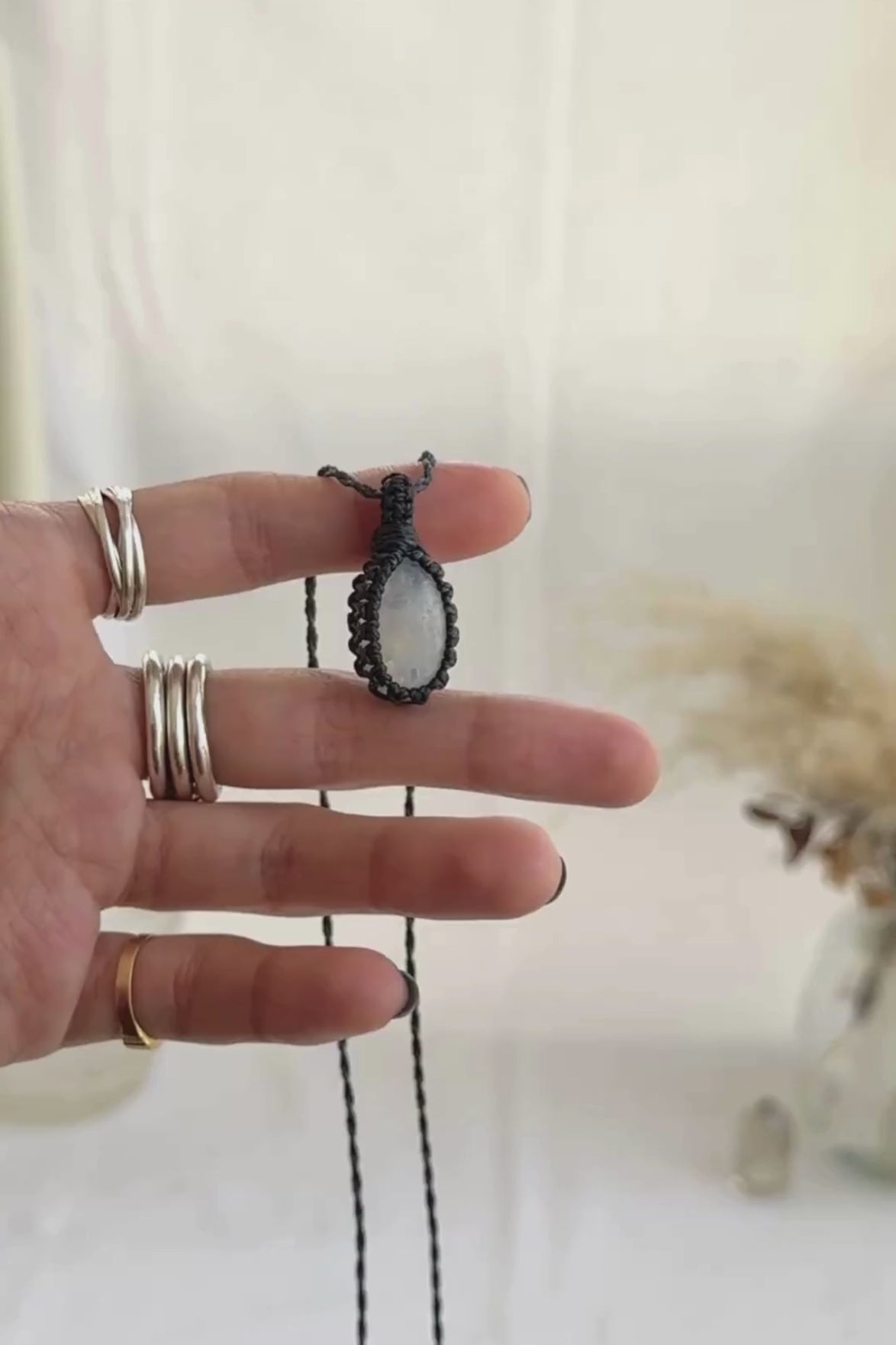 Video of the handmade Moonstone Macrame necklace, highlighting the vibrant tones of the gemstone and the lightweight, minimalist macrame design.