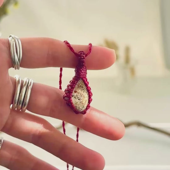 Handmade Picture Jasper macramé necklace showing natural gemstone details, texture and shine