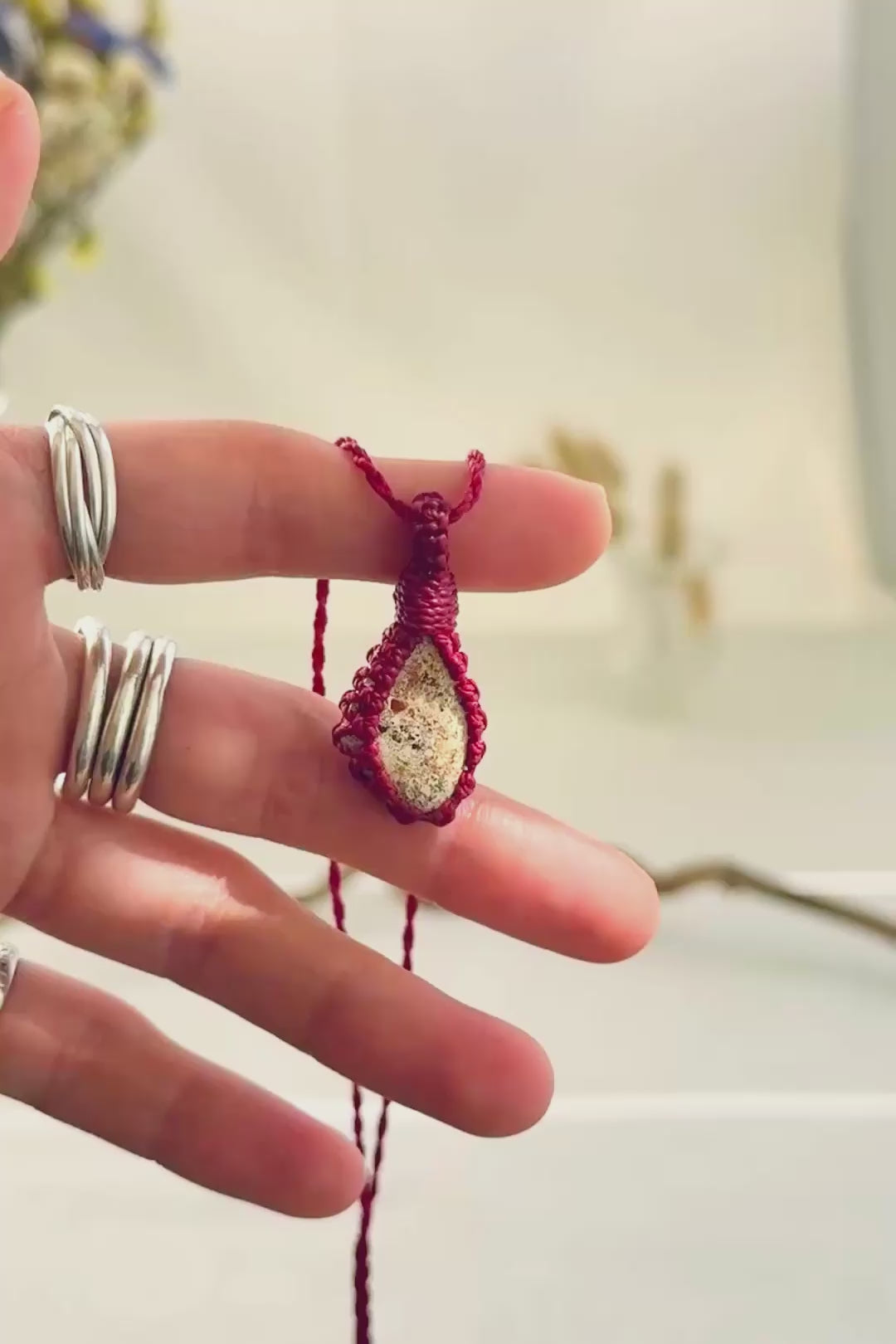 Handmade Picture Jasper macramé necklace showing natural gemstone details, texture and shine