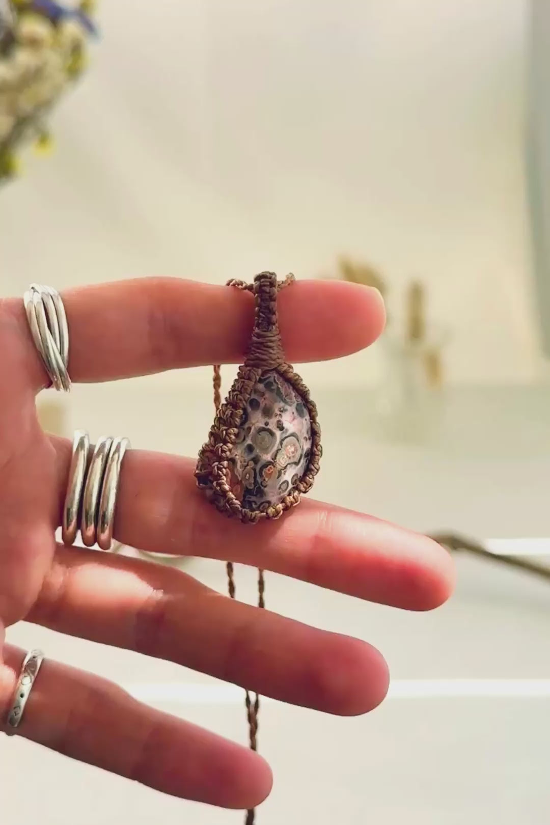 Handmade Leopard Jasper macramé necklace showing natural gemstone details, texture and shine