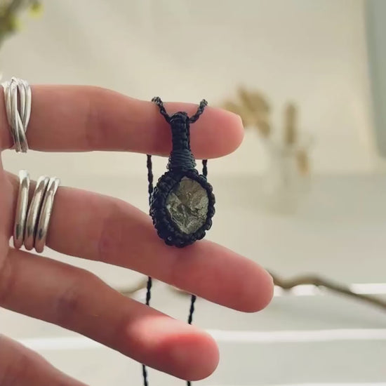 Handmade Pyrite macramé necklace showing natural gemstone details, texture and shine