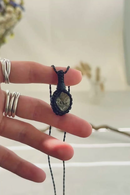 Handmade Pyrite macramé necklace showing natural gemstone details, texture and shine