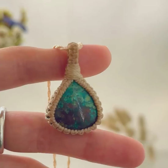 Handmade Chrysocolla macramé necklace showing natural gemstone details, texture and shine