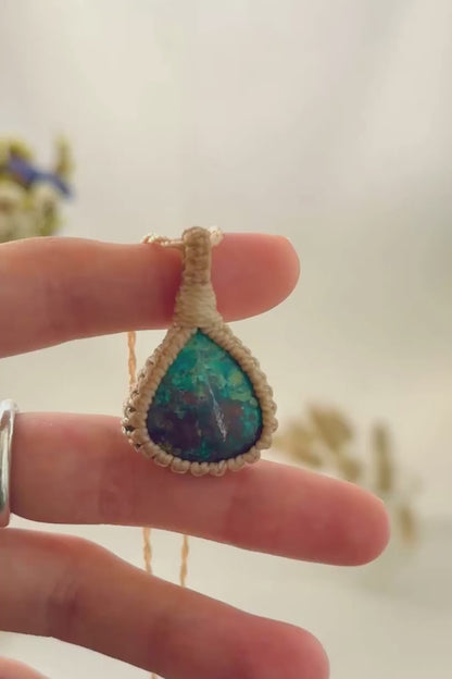 Handmade Chrysocolla macramé necklace showing natural gemstone details, texture and shine