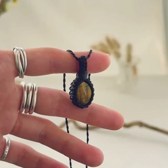 Handmade Tiger’s Eye macramé necklace showing natural gemstone details, texture and shine