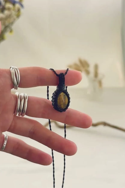 Handmade Tiger’s Eye macramé necklace showing natural gemstone details, texture and shine