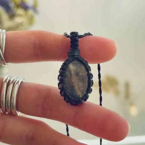 Handmade Black Moonstone macramé necklace showing natural gemstone details, texture and shine