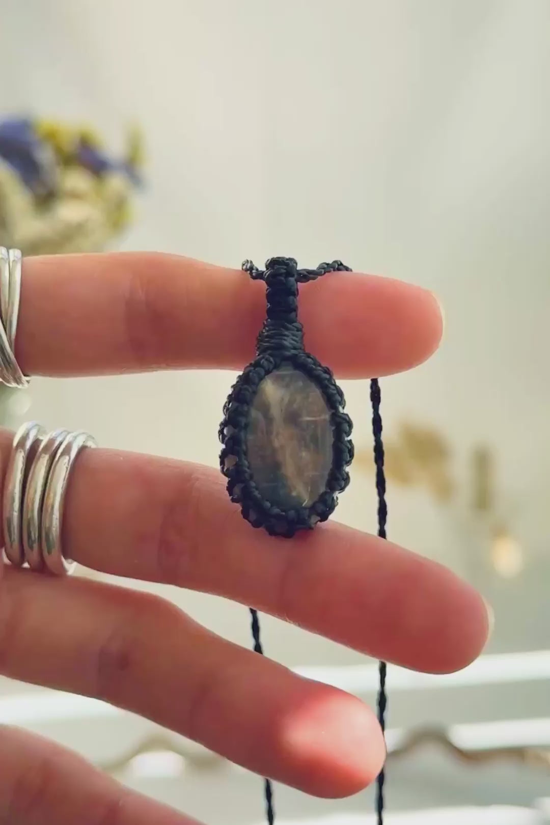 Handmade Black Moonstone macramé necklace showing natural gemstone details, texture and shine