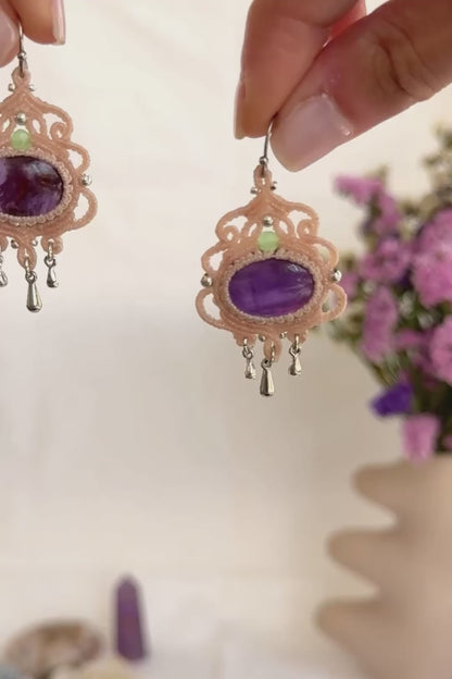 Handmade Amethyst Hoop Earrings with Silver Drop and Prehnite Accents