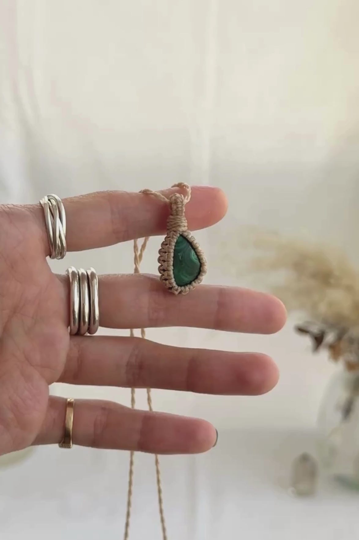 Video of the handmade Malachite Macrame necklace, highlighting the vibrant tones of the gemstone and the lightweight, minimalist macrame design.