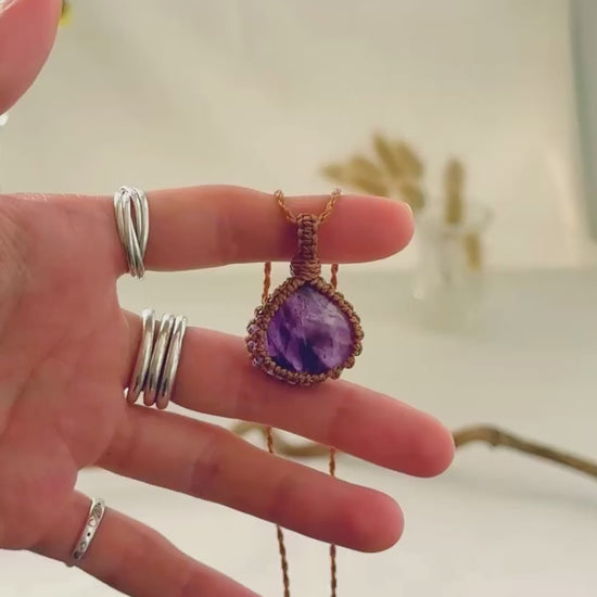Handmade Star Amethyst macramé necklace showing natural gemstone details, texture and shine