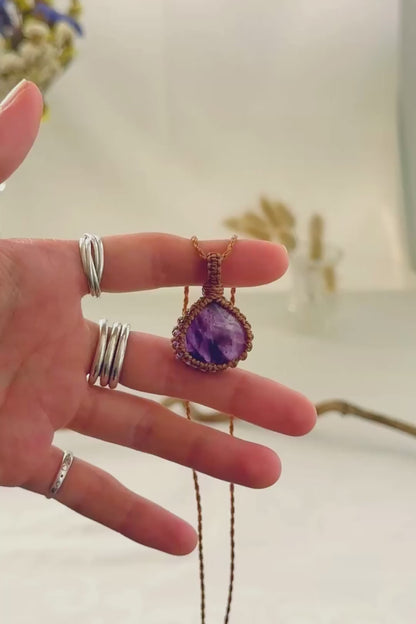 Handmade Star Amethyst macramé necklace showing natural gemstone details, texture and shine